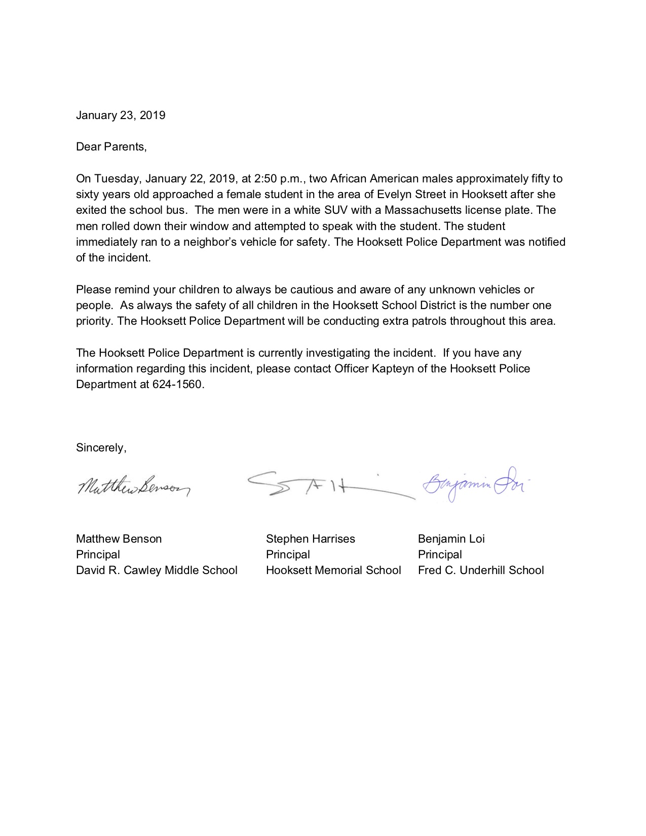 Letter to community regarding 1-22-2019 incident